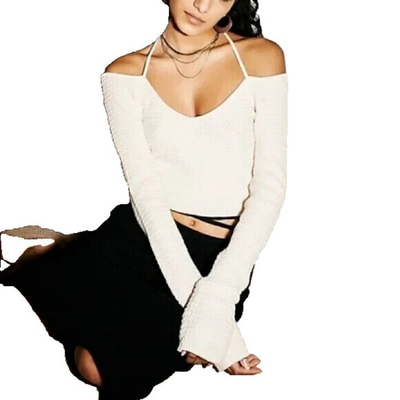 Free People Beach Playing Hard To Get Cropped Halter Sweater Women M Yellow Knit - Picture 6 of 9